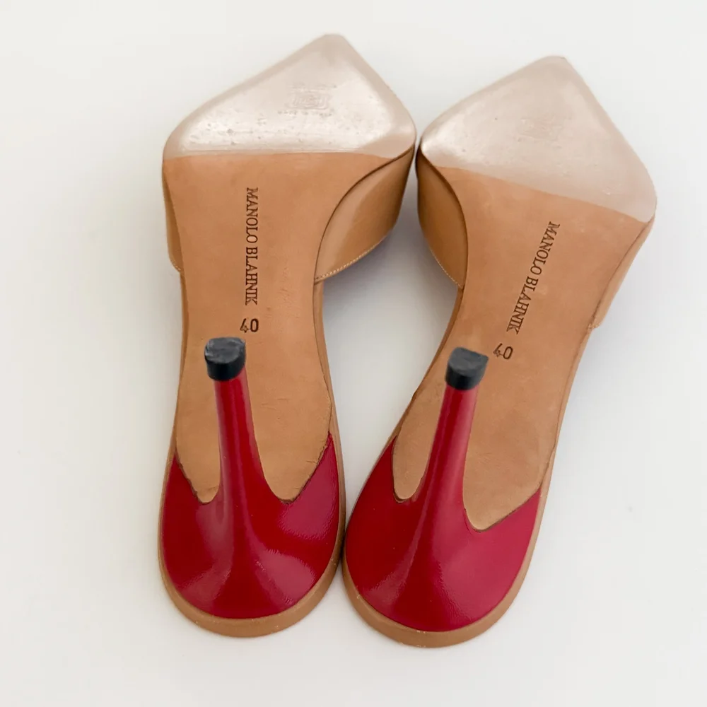 Manolo Blahnik Tan & Red Leather Bow Mule Heels (US 9 / IT 40